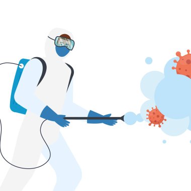 Koruyucu giysili adam covid 19 virüs tasarımı püskürtüyor.