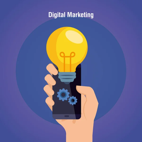 Smartphone portatile con lampadina di progettazione vettoriale di marketing digitale — Vettoriale Stock