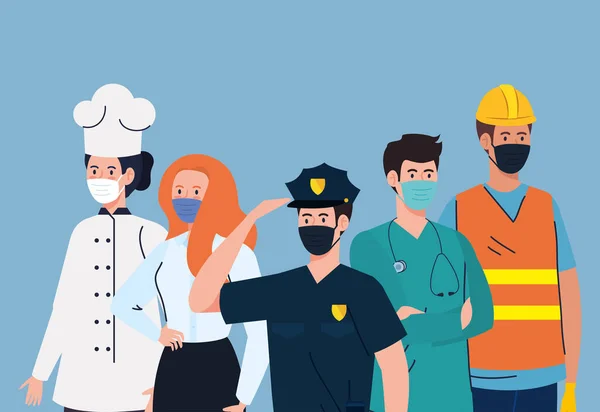 Рабочие группы в медицинской маске против пандемии ковида 19 — стоковый вектор