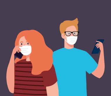 Maskeli kadın ve erkek akıllı telefon vektör tasarımı yapıyor.