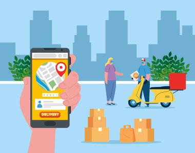 Maskeli motosiklet kutuları ve akıllı telefon vektör tasarımlı teslimatçı.