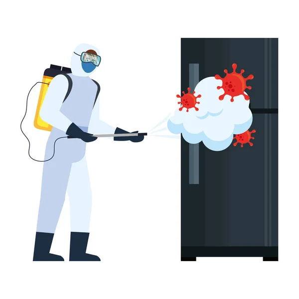Людина з захисним костюмом обприскування холодильника з ковадлом 19 вірус Векторний дизайн — стоковий вектор
