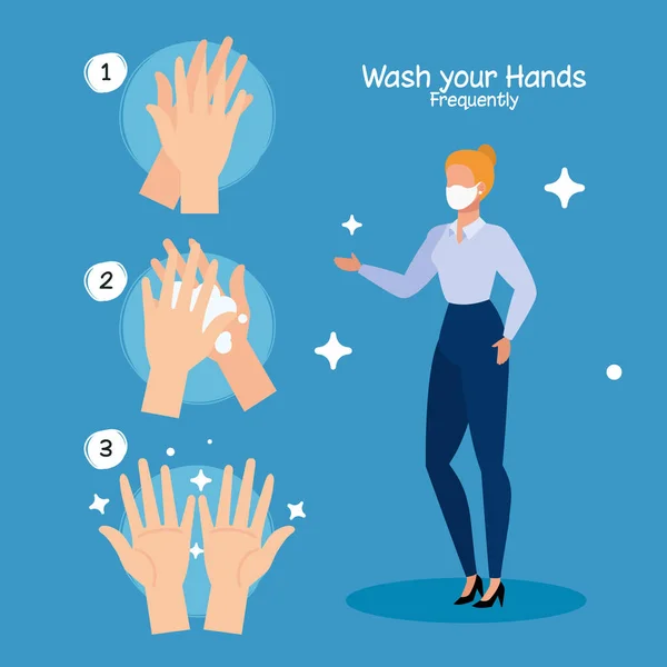 Businesswoman y lavarse las manos pasos vector de diseño — Vector de stock