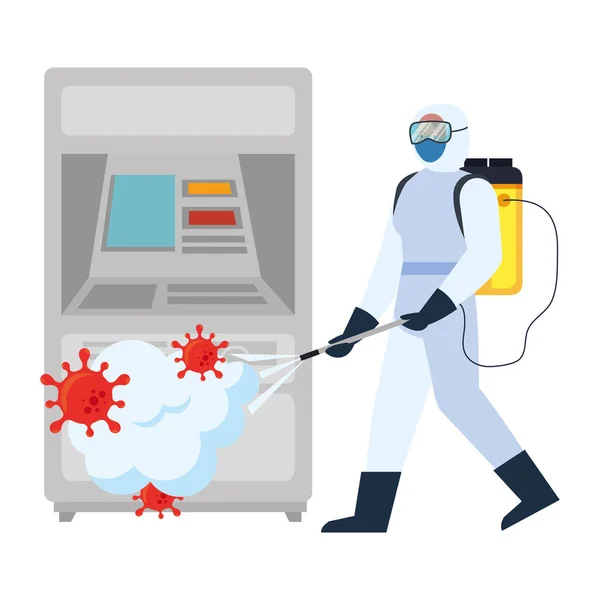 Hombre con traje protector rociando ATM con diseño de vectores de virus covid 19 — Vector de stock