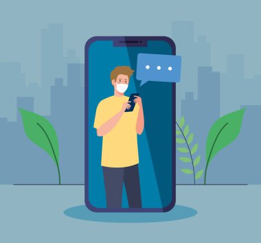 Akıllı telefon ve balon vektör tasarımı tutan maskeli adam