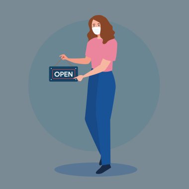Karantinadan sonra tekrar açın. Dükkanı yeniden açma etiketi olan kadın, tekrar açığız.