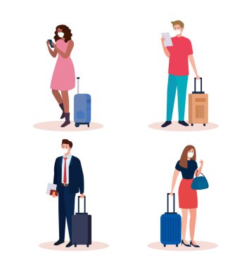 Bavullu tıbbi maske takan turistler, Coronavirus sırasında seyahat edenler, Covid 19 önleme