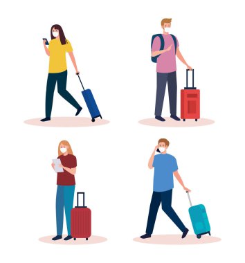 Bavullu tıbbi maske takan turistler, Coronavirus sırasında seyahat edenler, Covid 19 önleme