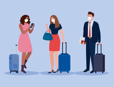 Bavullu tıbbi maske takan turistler, Coronavirus sırasında seyahat edenler, Covid 19 önleme