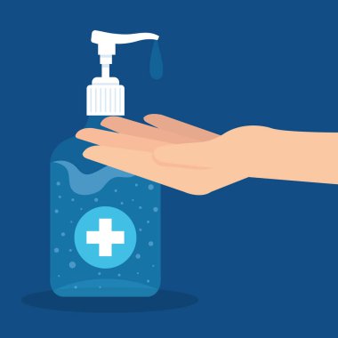 El dezenfektanı pompası şişesi, çamaşır jeli, covid 19 'dan kendini koruma, el dezenfekte etme konsepti.