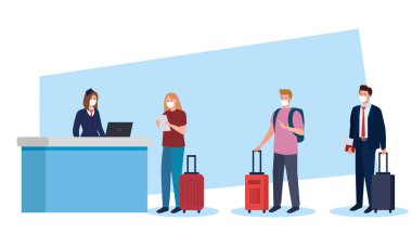 İnsanlar tıbbi maske takan turist ve hostesler, Coronavirus sırasında seyahat, covid 19 önleme