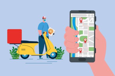 Motosikletli pizza kutusu ve akıllı telefon vektör tasarımı olan teslimatçı.