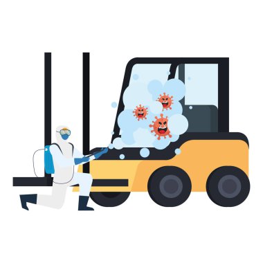 Koruyucu giysili bir adam forklift spreyliyor. Covid 19 virüs tasarımı.
