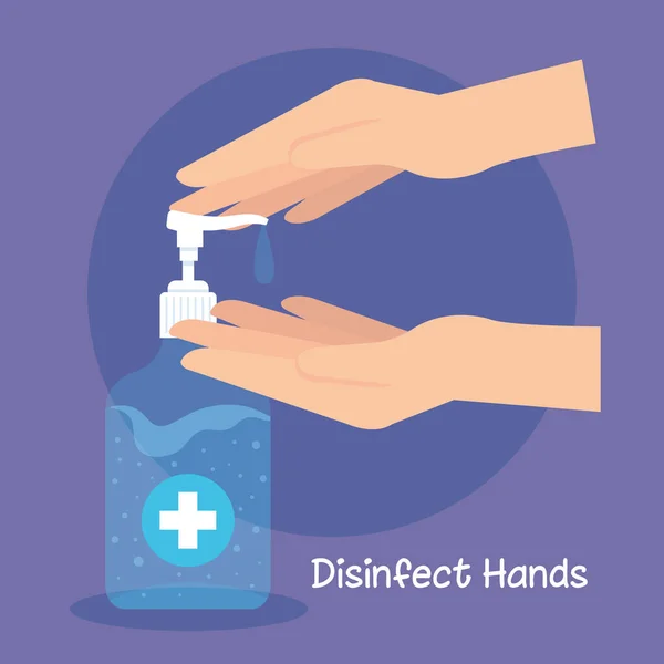 Desinfectante de manos botella de la bomba, gel de lavado, auto proteger de covid 19, desinfectar las manos concepto — Vector de stock