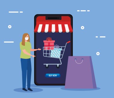 Maske çantası ve akıllı telefon vektör tasarımlı kadın avatarı