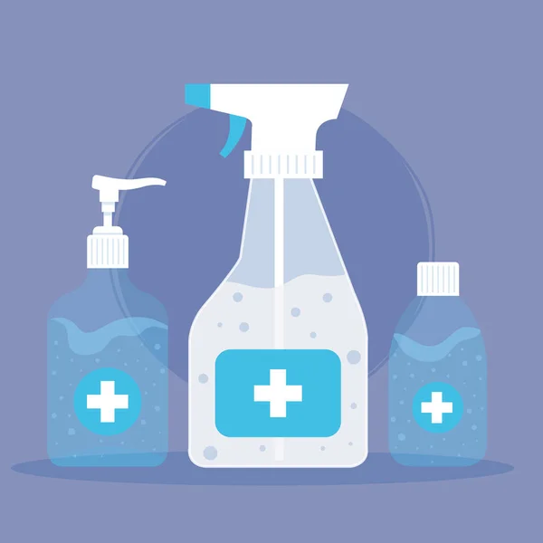 Desinfectante de manos botellas, gel de lavado, autoprotegerse de covid 19 — Vector de stock