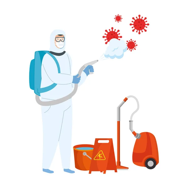 Hombre con traje protector rociando equipo de limpieza con diseño de vectores de virus covid 19 — Vector de stock