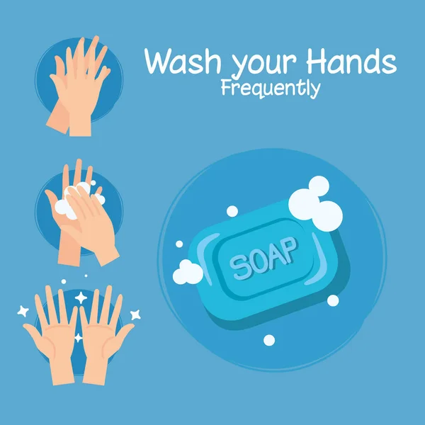 Barra de jabón y lavarse las manos pasos diseño vectorial — Vector de stock