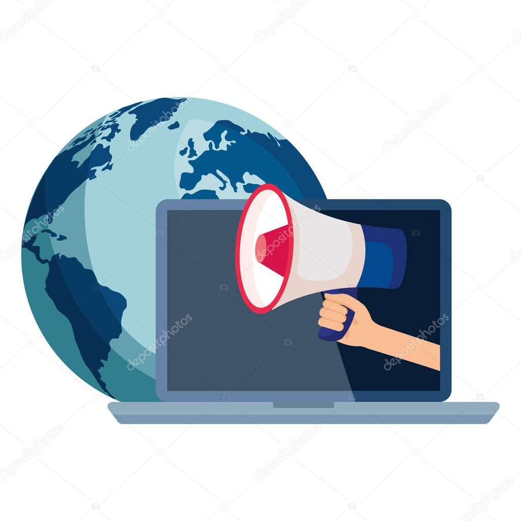 hand holding megaphone on laptop and world vector design