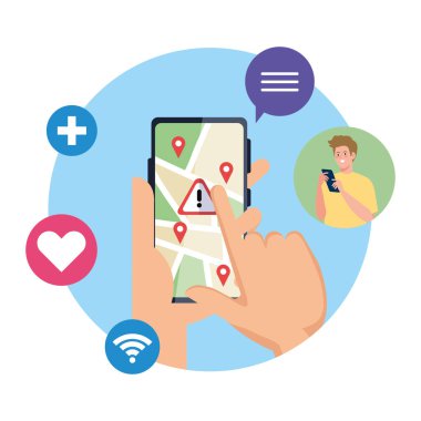 GPS işaretli akıllı telefonu tutan eller ve uyarı başlık vektör tasarımı