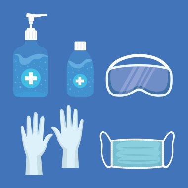 El dezenfektanı pompası şişesi, güvenlik gözlükleri, eldivenler ve tıbbi maske.