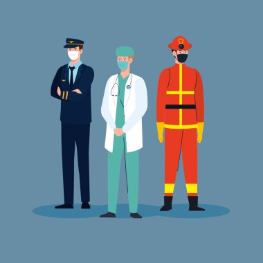 İşçi grubuyla itfaiye 19 'da, Coronavirus' a karşı tıbbi maske takan işçiler.