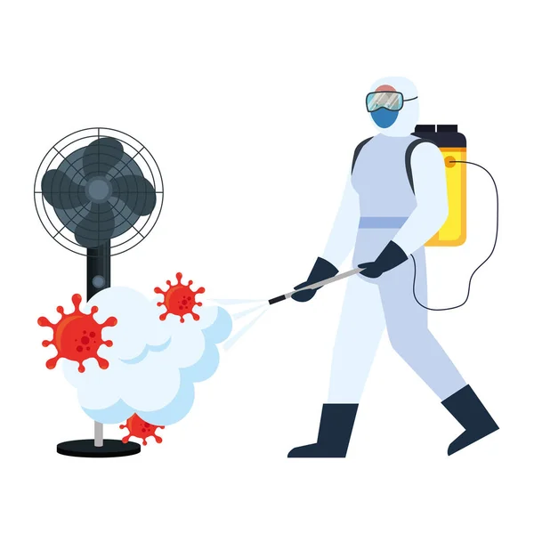 Hombre con traje protector rociando ventilador casero con diseño de vectores de virus covid 19 — Vector de stock