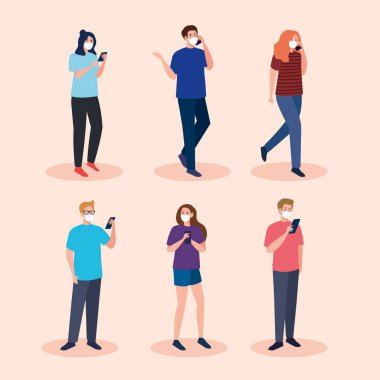 Gruptakiler covid 19 'a karşı tıbbi maske takıyor. Akıllı telefon, sosyal medya koronavirüs konsepti kullanıyorlar.