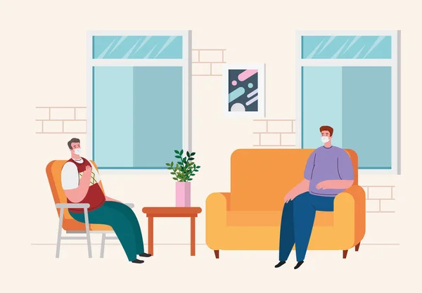 Stanna hemma, karantän eller isolering, män som sitter i soffan i vardagsrummet — Stock vektor