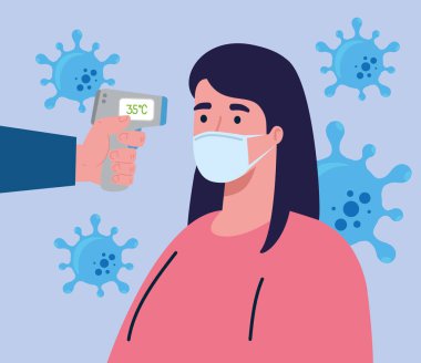 covid 19 koronavirüs, vücut sıcaklığını ölçmek için el ele tutuşan kızılötesi termometre, kadın sıcaklığı kontrol ediyor.