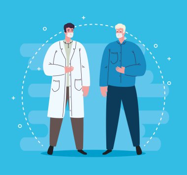 Maske vektör tasarımlı yaşlı adam ve erkek doktor.