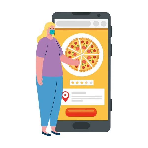 Cliente mujer con máscara y smartphone con diseño de vectores de pizza — Vector de stock
