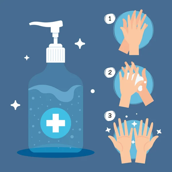 Pasos para desinfectar las manos con bomba desinfectante botella, gel de lavado, autoprotegerse de covid 19 — Vector de stock