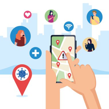 Maskeli ve elleri akıllı telefon vektör tasarımı tutan insanlar