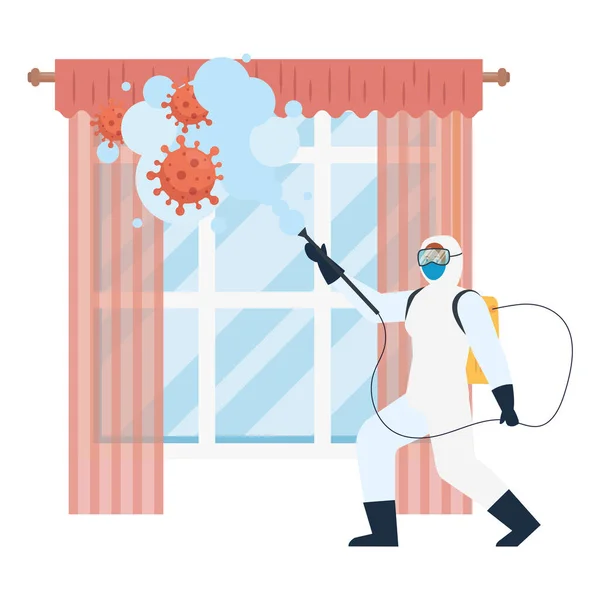 Mężczyzna z ochronny garnitur spryskiwanie okno z covid 19 projekt wektor wirusa — Wektor stockowy
