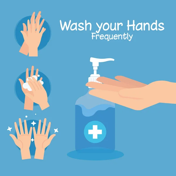 Pasos lavarse las manos con frecuencia, pandemia de coronavirus, auto protegerse de covid 19, lavarse las manos prevenir 2019 ncov — Vector de stock