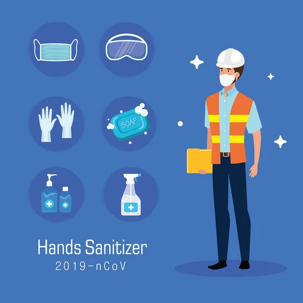 Engineer with mask and hands sanitizer prevention tips vector design — Stock Vector