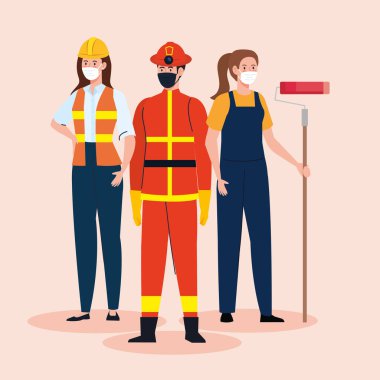 İşçi grubuyla itfaiye 19 'da, Coronavirus' a karşı tıbbi maske takan işçiler.