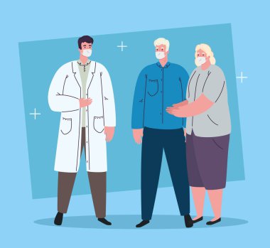 Coronavirüs kovid 19 'a karşı maske takan doktor, yaşlı çift hastalarıyla birlikte.
