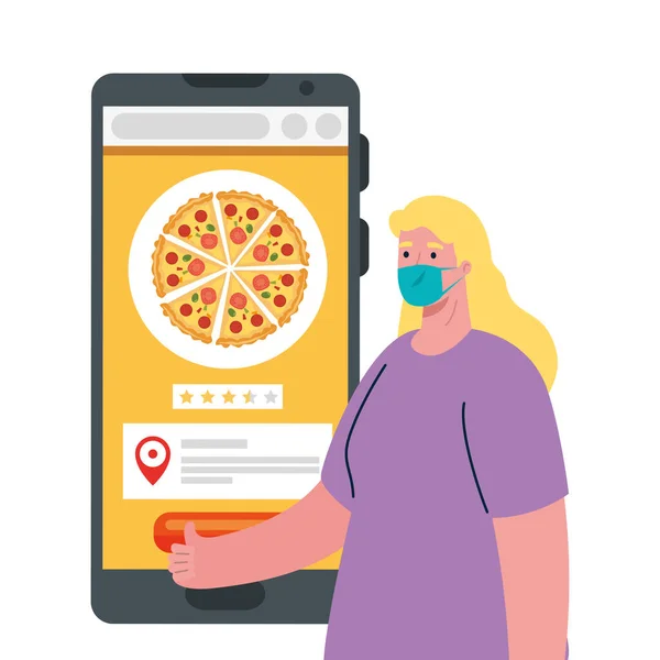 Vrouwelijke klant met masker en smartphone met pizza vector design — Stockvector