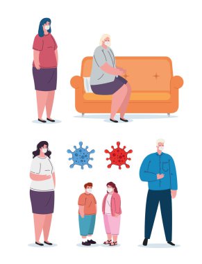 Aile üyeleri Coronavirus covid 19 'u önlemek için tıbbi maske takıyor.