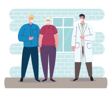 Coronavirüs kovid 19 'a karşı maske takan doktor, yaşlı çift hastalarıyla birlikte.