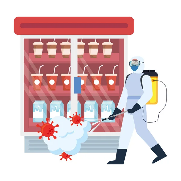 Mężczyzna z ochronnym garnitur spryskiwanie sklep lodówka z covid 19 projekt wektor wirusa — Wektor stockowy
