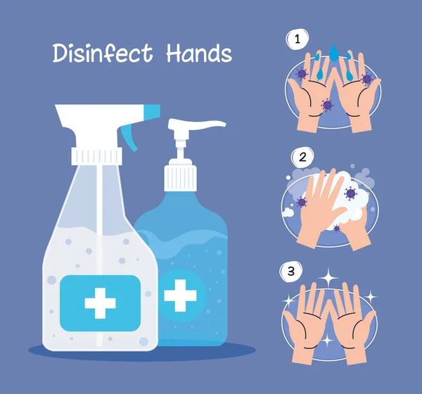Manos desinfectante botellas y manos lavado pasos vector de diseño — Vector de stock