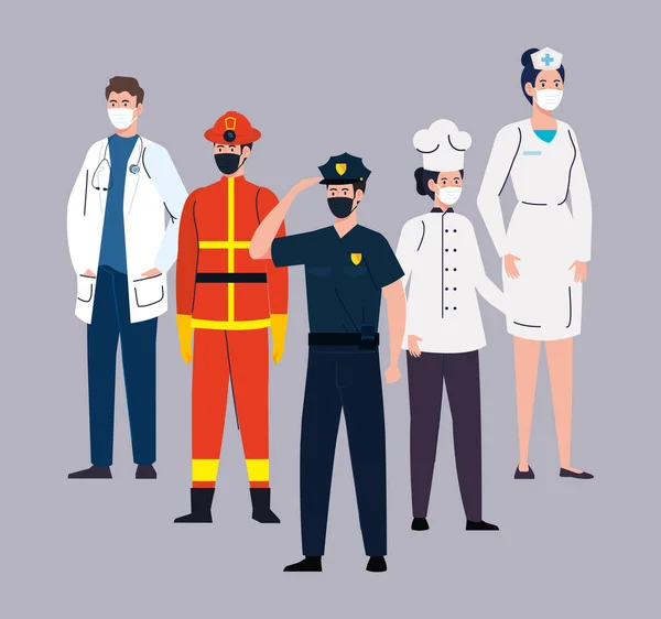 Пожарный с рабочей группой в шабаше 19, рабочие в медицинской маске против коронавируса — стоковый вектор