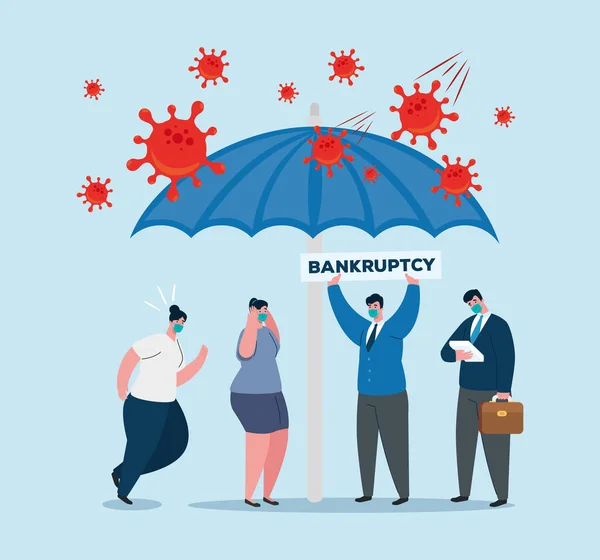 Empresários com máscaras e guarda-chuva de projeto vetor falência —  Vetores de Stock