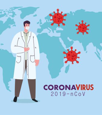 Coronavirüs 2019 'a karşı maske takan doktor dünya haritası ve covid 19 parçacıkları ile birlikte.