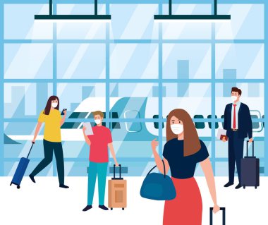 Havaalanı terminalinde tıbbi koruma maskesi takan insanlar Coronavirus salgını sırasında uçakla seyahat ediyorlar.