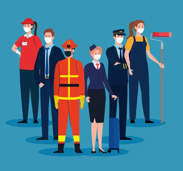 Πυροσβέστης με ομάδα εργαζομένων στο covid 19, εργαζόμενοι που φορούν ιατρική μάσκα κατά του κορωναϊού — Διανυσματικό Αρχείο