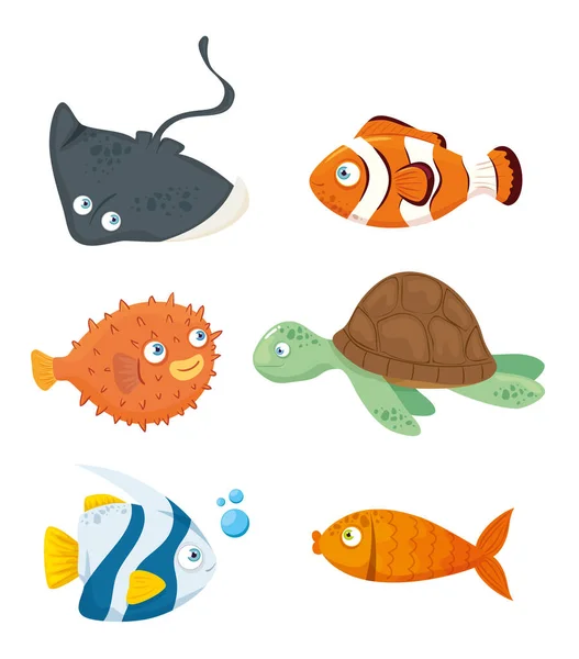 Set animals, sea world dwellers, cute underwater creatures, habitat marine — Stock Vector